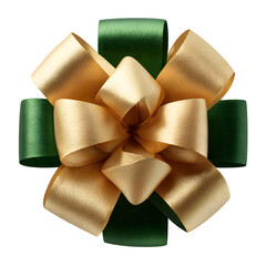 Green and Gold ribbon on white background. Top view of bow