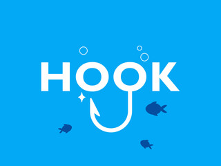 Hook Word Logo Design with Fishing Hook and Small Fishes Under Water