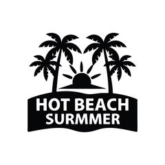 Palm trees and sun logo with hot beach summer text isolated on white background isolated on transparent background