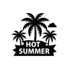 Palm tree silhouette with hot summer text isolated on white background isolated on transparent background