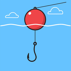 Minimalist Fishing Hook and Red Bobber Line Under The Water Surface