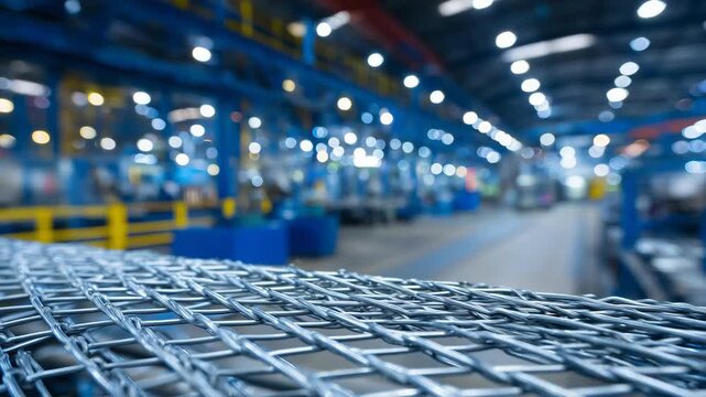 120Close-up of silver expanded metal mesh rolls in a modern manufacturing plant, illuminated by cool blue industrial lighting, symbolizing innovation and engineering excellence
