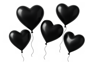 Black heart balloons, shiny and reflective, floating freely. Representing emotions of love, celebration, and romantic themes