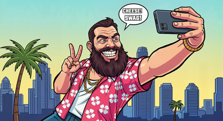Man taking selfie in Hawaiian shirt with city skyline background, comic-like caricature      