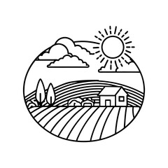 Farm landscape with house fields trees sun and clouds isolated on white background isolated on transparent background