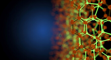 Abstract orange sphere connected by glowing line against a gradient blue background, suggesting network, structure, interconnection, technology, science