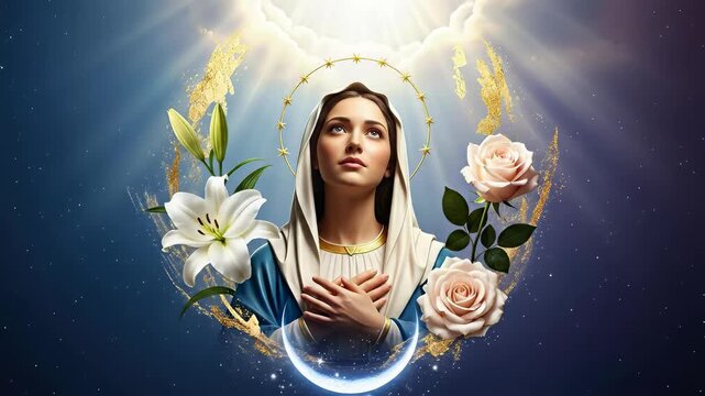 Virgin Mary gazing above, hands clasped in prayer. Divine bright light, golden aura, pure lilies, soft roses, stars, crescent moon. Immaculate Conception. Christian reverence.