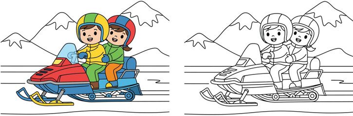 Vector coloring book page for kids featuring happy children riding a snowmobile in a winter mountain landscape.