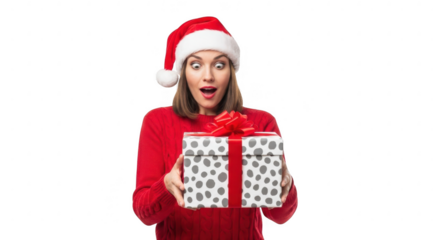 Surprised woman in santa hat holding gift box isolated on transparent background
