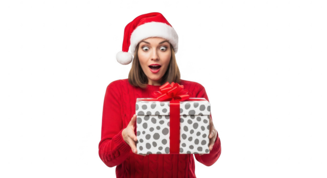 Surprised woman in santa hat holding gift box isolated on transparent background