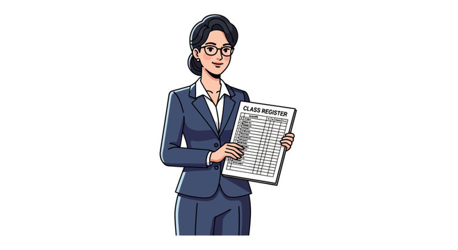Professional businesswoman wearing a suit and glasses holding a class register with student names and attendance marks
