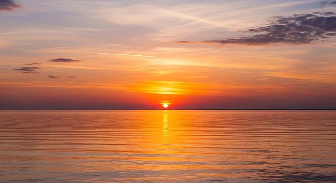 Vibrant sunset over calm ocean waters reflecting golden light and colorful skies