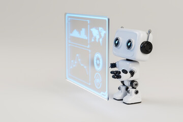 3D robot interacting with futuristic digital data screen