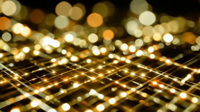 129Metallic close-up of expanded mesh intersecting at geometric angles, accentuated with orange and blue reflections symbolizing innovation and technology