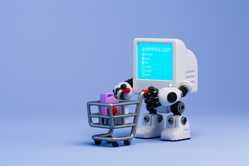 3D robot checking shopping list while pushing cart