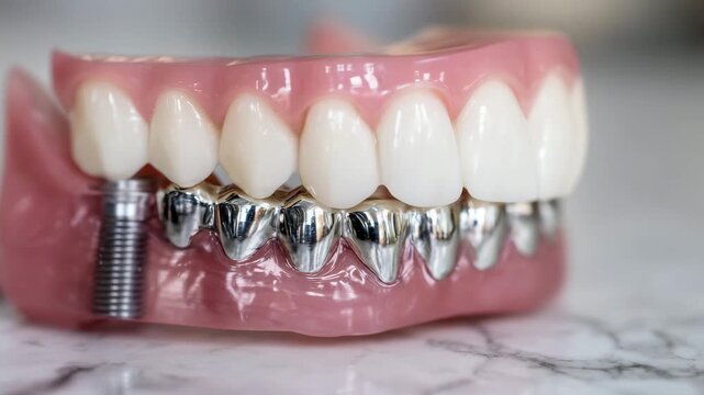 140Precision shot of implant-supported crown and gum model, metallic textures of the implant contrasting with the smooth white background