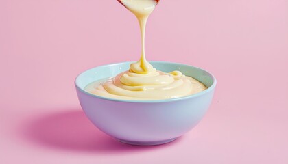 Creamy yellow custard pouring from wooden spoon into light blue ceramic bowl on pink background soft studio lighting
