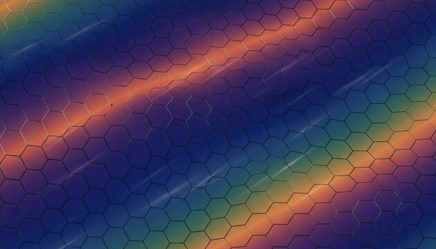 Abstract hexagonal pattern with a vibrant rainbow gradient background and subtle light streaks creating a futuristic and dynamic digital art texture