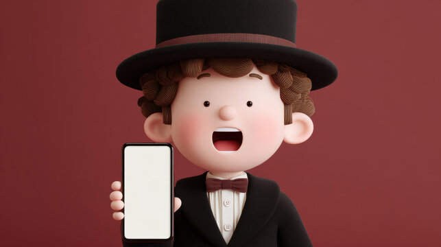 Cartoon character in a top hat holding a smartphone with a blank screen. charming illustration features a surprised cartoon man with a phone, perfect for various creative projects. - Powered by Adobe