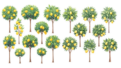 A collection of illustrated lemon trees in various shapes and sizes, all bearing ripe yellow fruit