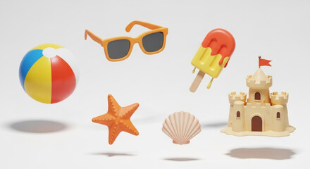 3D Colorful Summer Vacation Icon Set