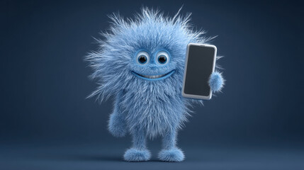 Cute blue cartoon character holding a phone and giving a thumbs up. adorable character seems to be enjoying a video call or showing off a new app on their phone.