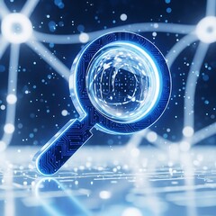 Magnifying glass focusing on a digital globe with glowing lines and circuit patterns, symbolizing data analysis and global network exploration