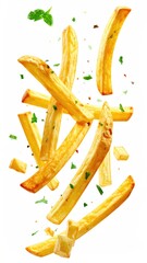 Golden fries float, sprinkled with herbs, on white
