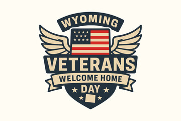 Wyoming veterans welcome home day emblem with american flag and wings