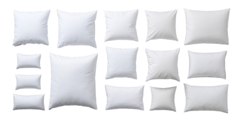 Many white pillows of various sizes arranged in a grid pattern