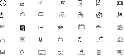 Office and Workspace Line Icon Set – Minimal Work Desk, Stationery, Productivity, Equipment, and Organization Outline Icons
