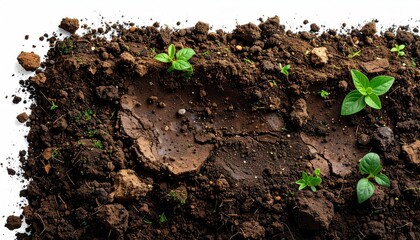Dark earth mound with fresh plants, crack, white background