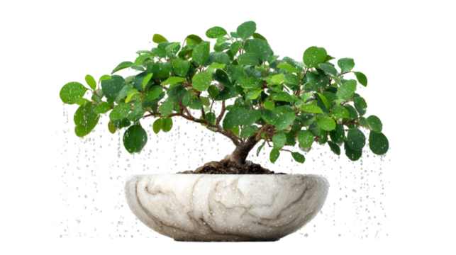 Green bonsai displays in stone pot on transparent background, perfect for presentations, overlays and digital art.