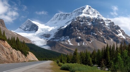 Cars travel on a winding road beside a tranquil lake surrounded by snowy mountains under a vibrant blue sky with clouds