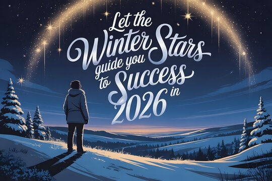 Lone figure gazes at starry sky over snowy landscape