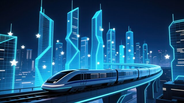 A neon wireframe city with sleek maglev gliding on curved track for green transportation initiatives