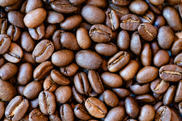 Rich roasted coffee beans fill the frame in a tactile macro; warm tones, oily sheen and shallow depth create a gourmet background for branding, packaging and natural coffee lifestyle