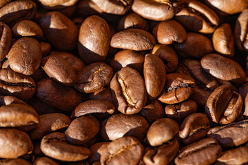 Extreme macro of roasted coffee beans shows rugged surface and glossy patina; selective focus delivers a bold gourmet backdrop for packaging, menus and natural coffee lifestyle themes.