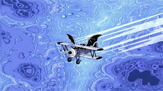 A custom retro biplane soars through a swirling, abstract blue dimension. animated motion graphic
