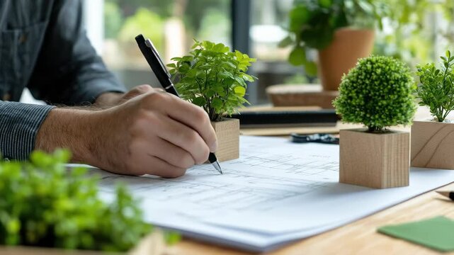 Person's hands diligently writing detailed project plans with a dark pen, white paper showing sketches, fresh green plants resting upon a simple wooden desk.