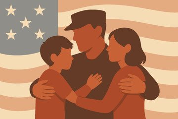 Soldier embracing family with american flag background