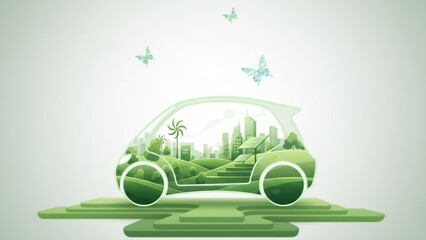 A soft gradient car outline with green city inside and floating leaf gliders for green transportation initiatives