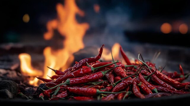 174Dynamic composition of red chilies roasting in open fire pit, swirling smoke and embers rising, symbolizing intensity and bold flavor