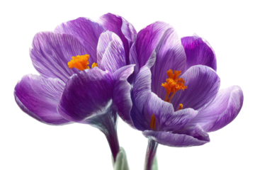Close-up of two vibrant purple crocus flowers, delicate fringed petals,  with a soft white edge.  Deep orange stamens are visible in the center.  Isolated on black background