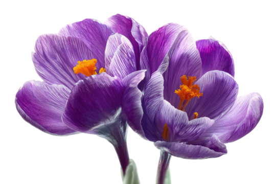 Close-up of two vibrant purple crocus flowers, delicate fringed petals,  with a soft white edge.  Deep orange stamens are visible in the center.  Isolated on black background