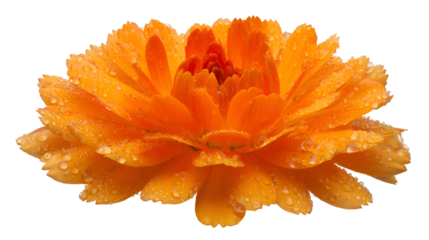 Vibrant orange flower glistens with water droplets on transparent background. Great for summer posters, natural product staging, or graphic designs.