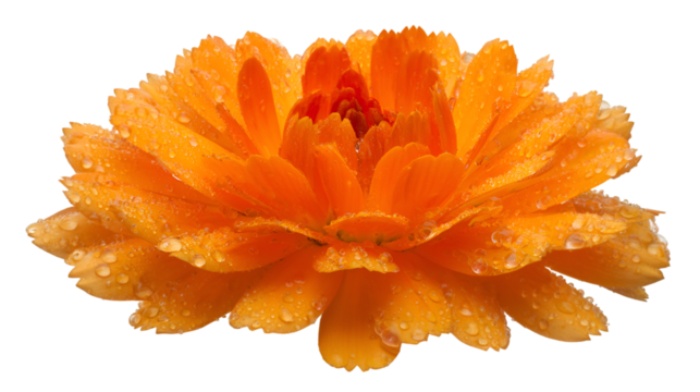 Vibrant orange flower glistens with water droplets on transparent background. Great for summer posters, natural product staging, or graphic designs.