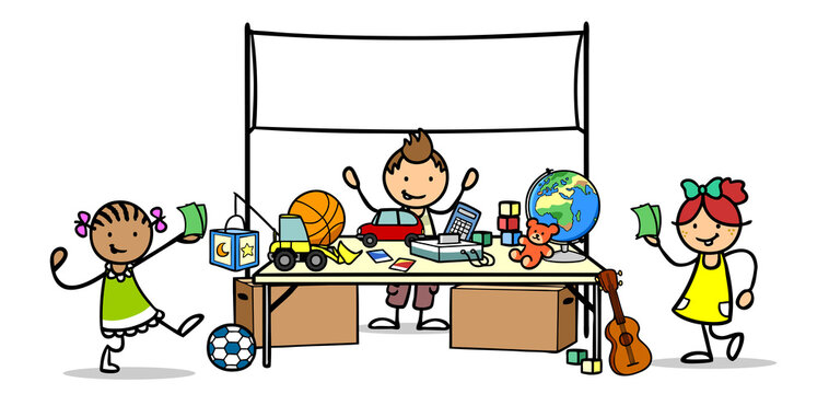 Cartoon Kinder verdienen Geld mit Spielzeug verkaufen auf Flohmarkt