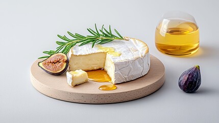 A wheel of brie cheese, partially cut, drizzled with honey, served with fresh figs and rosemary on a wooden board, with a glass of amber liquid in the backgroun
