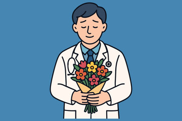 Doctor holding a bouquet of flowers with a grateful expression